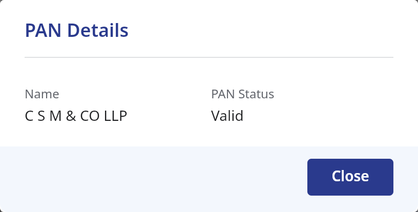 TRACES PAN Details popup showing the name as C S M & CO LLP and PAN status as Valid