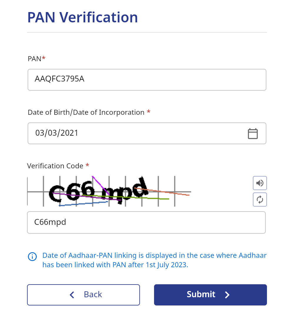 TRACES PAN Verification form filled with PAN, date of birth and verification code